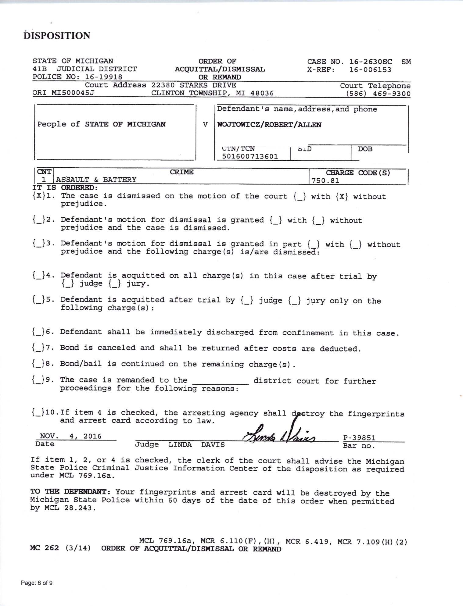 Court record concerning Robert Wojtowicz and the final disposition of the 2016 case, page 1